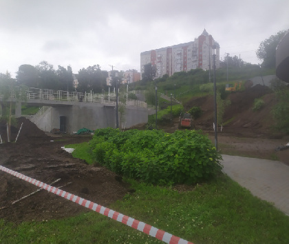После сильного ливня в Перми на набережной поврежден склон, повалены деревья